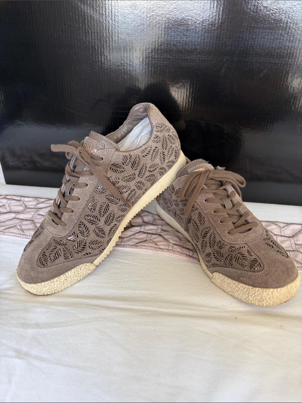 Gola Women's Taupe/Bronze Laser-Cut Suede Lace-Up Sneakers
